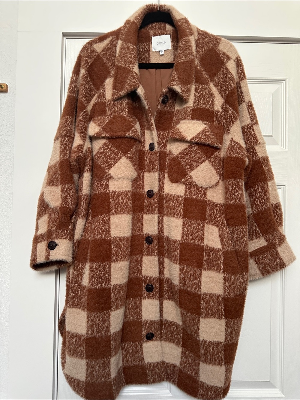 Greylin Brown and Cream Plaid Fuzzy Coat